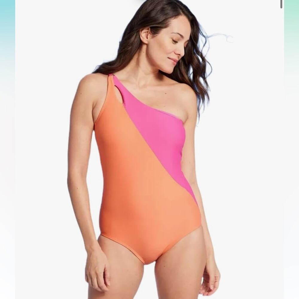 Lands' End Coverage Tummy Control One Shoulder One Piece Swimsuit Pink Orange M